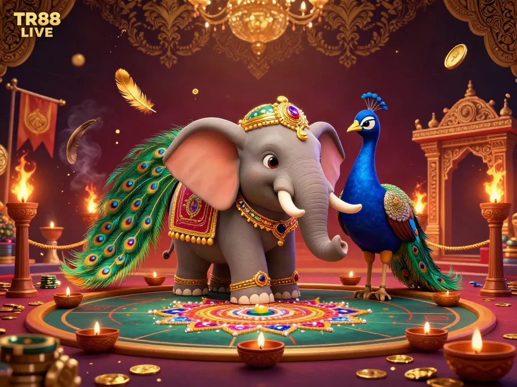 Experience TR88 LIVE with a colorful illustration of a gambling scene featuring an ornate elephant and a majestic peacock.