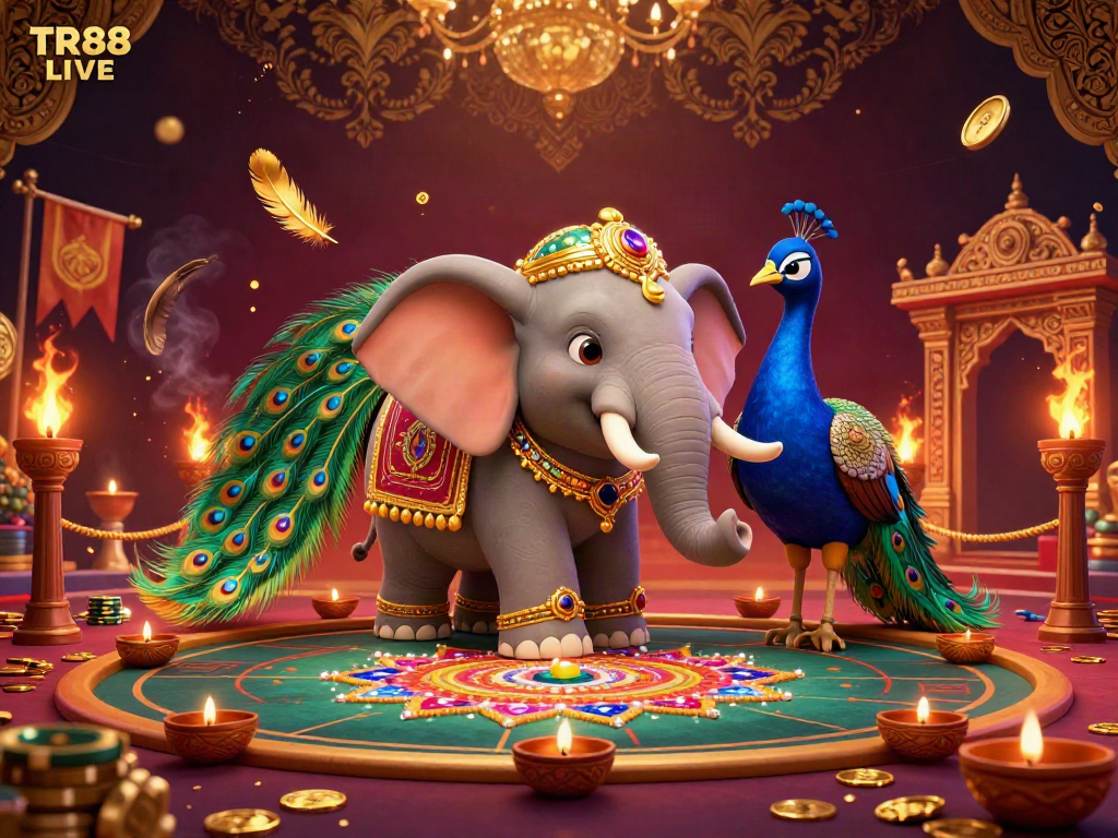 Experience TR88 LIVE with a colorful illustration of a gambling scene featuring an ornate elephant and a majestic peacock.