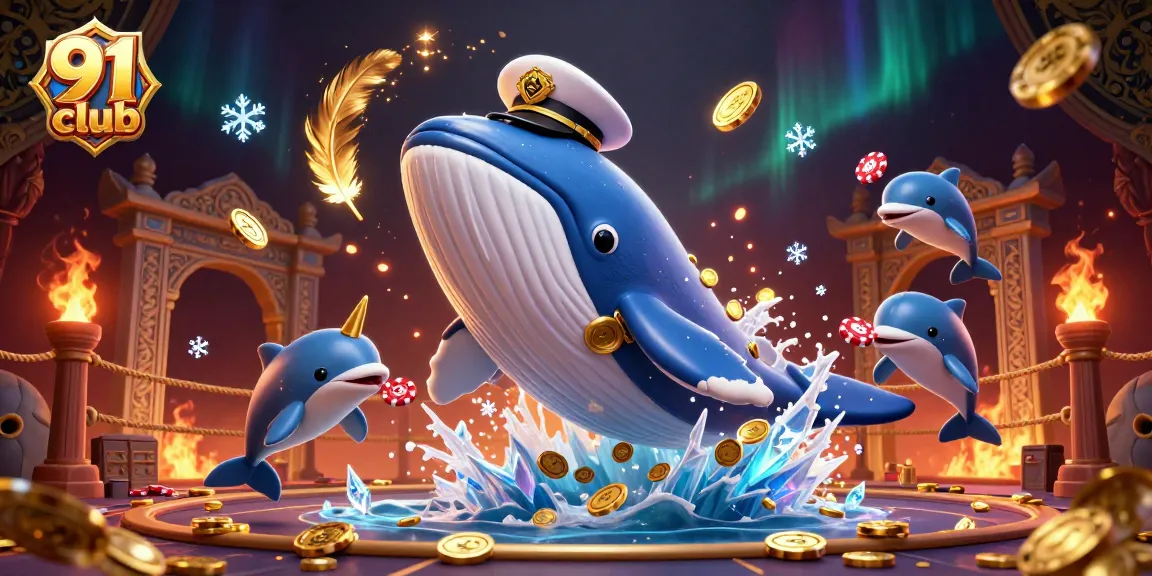 Engage in the 91 club as a whale breaching coins with playful dolphins amidst a vibrant casino atmosphere.
