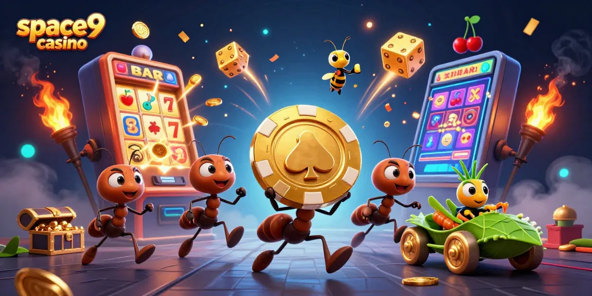Experience thrilling gameplay at space9 casino with ants on a heist carrying a massive golden poker chip.