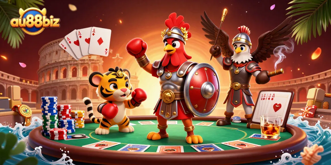 Engage with the dynamic realm of au88biz, featuring a gladiator rooster and poker action in a vibrant casino scene.