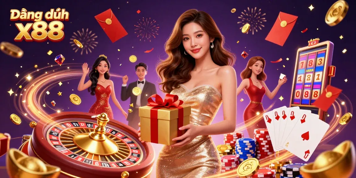 Engage with Đăng ký x88 in a vibrant casino-themed scene featuring a welcoming Asian woman.