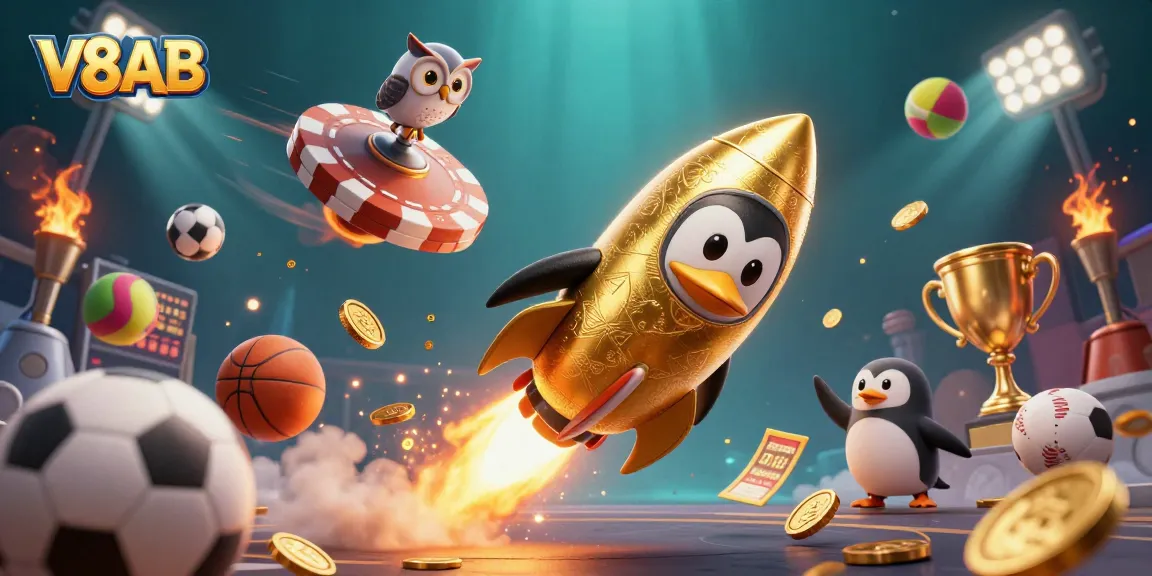 Experience thrilling gameplay at V8AB with a vibrant illustration featuring a golden penguin in space.