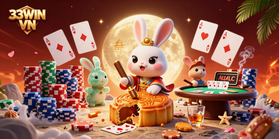 Experience gaming excitement with 33WIN VN, featuring a lively 3D scene of casino elements and folklore characters.