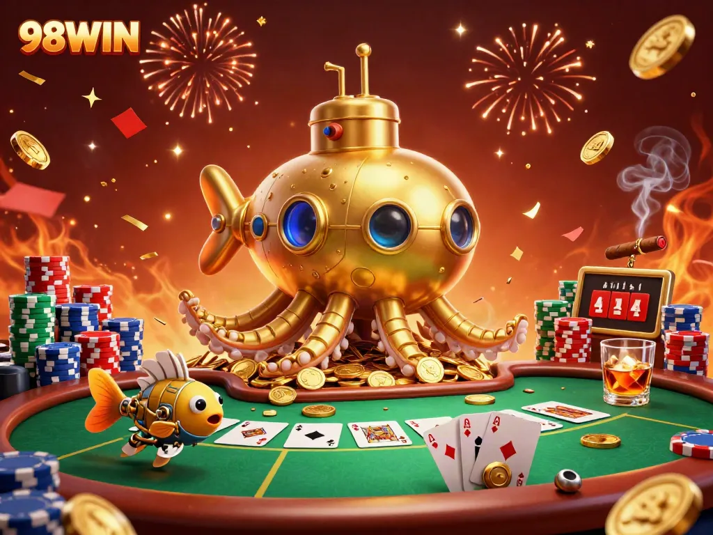 Experience the excitement of 98WIN with a vibrant 3D kraken submarine and poker scene amidst gold coins.