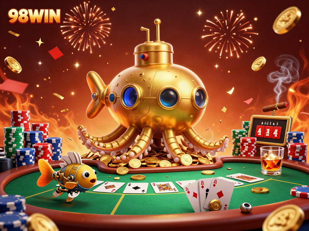 Experience the excitement of 98WIN with a vibrant 3D kraken submarine and poker scene amidst gold coins.