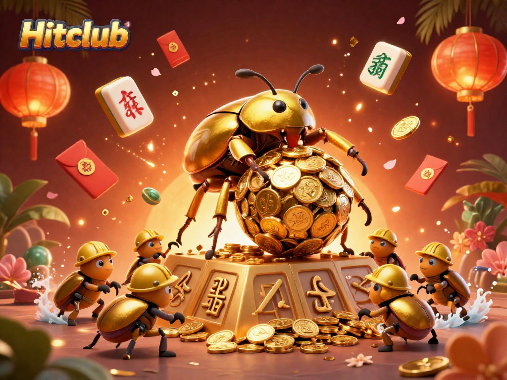 Hitclub attracts players with colorful casino elements featuring a golden beetle rolling coins.