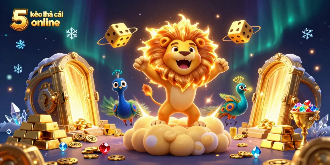 Engage with kèo nhà cái 5 online as a roaring lion stands amid treasures and dice, promising rich winnings.