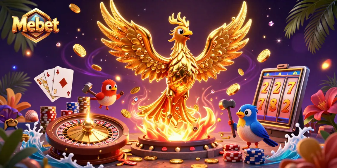Mebet showcases a golden phoenix and other thrilling gambling elements in an energetic casino scene.