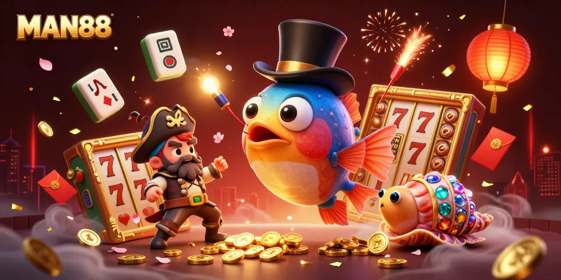 MAN88 attracts golden coins in a vibrant 3D gambling scene with characters and festive elements.