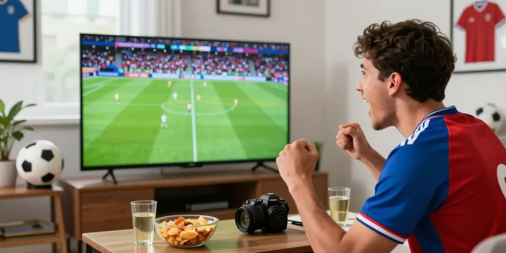Excited soccer fan enjoying live Gavangtv game in a vibrant living room.
