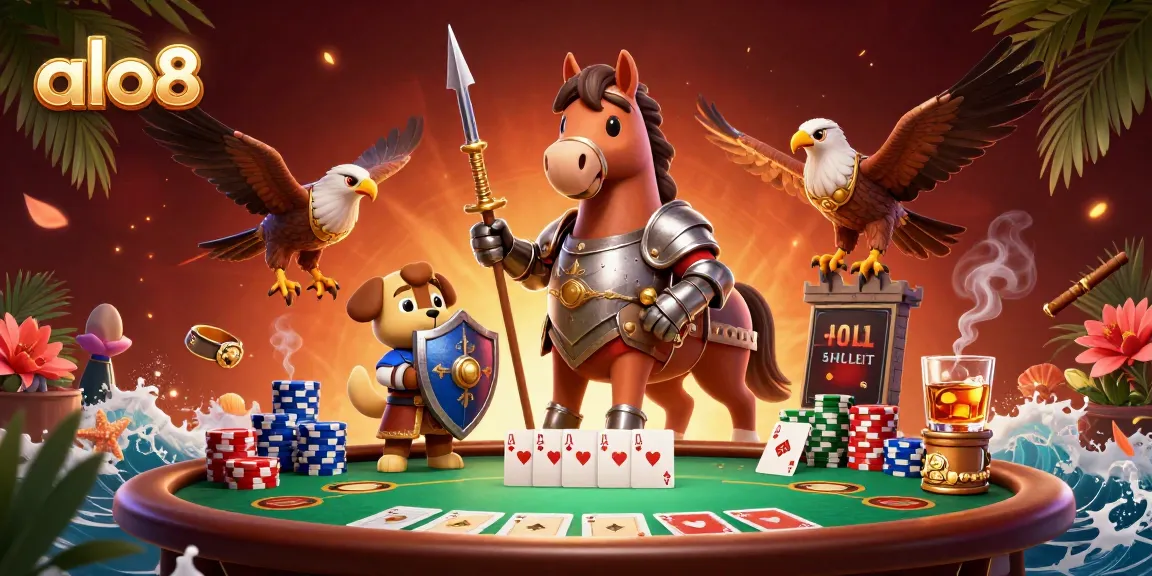 Experience the thrill of alo8 gaming with a knight, puppy, and falcon amidst poker excitement.