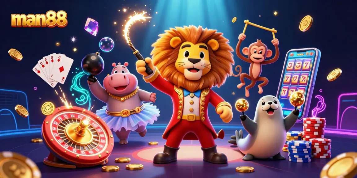 Experience vibrant gaming at man88 with a circus-themed illustration featuring unique characters and exciting casino elements.