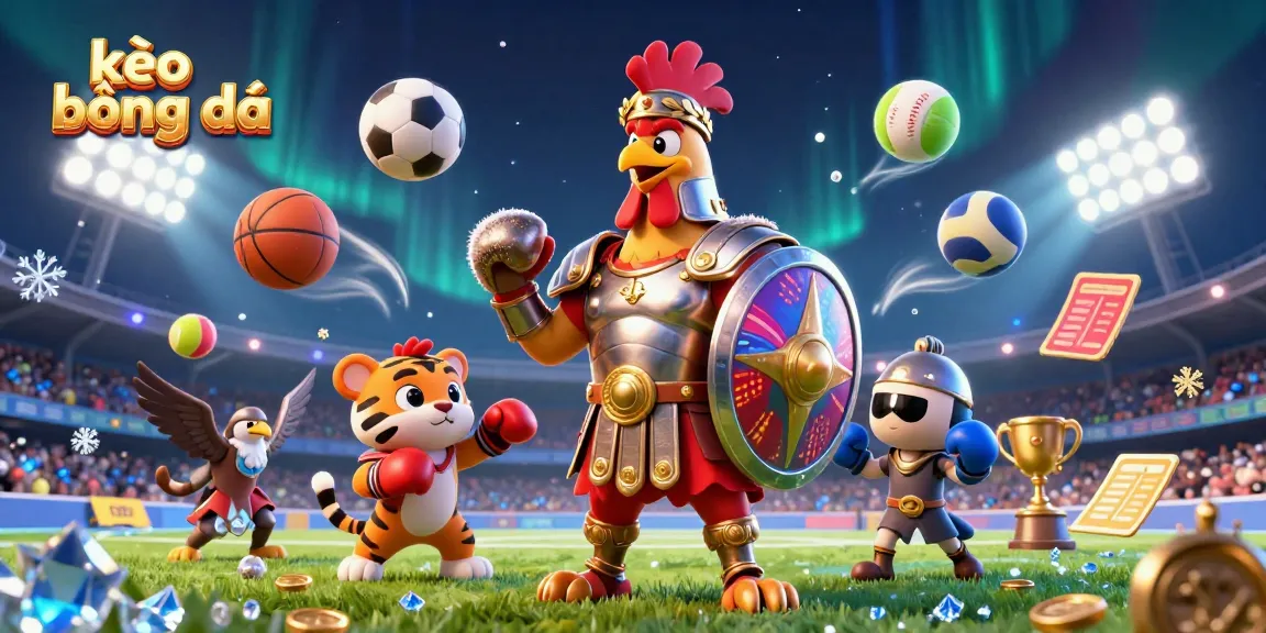 Experience kèo bóng đá action with a gladiator rooster, tiger cub, and vibrant sports elements in a dynamic arena scene.