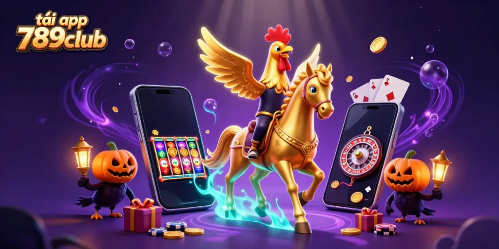 Play exciting games with the tải app 789club featuring a golden rooster riding through a casino.