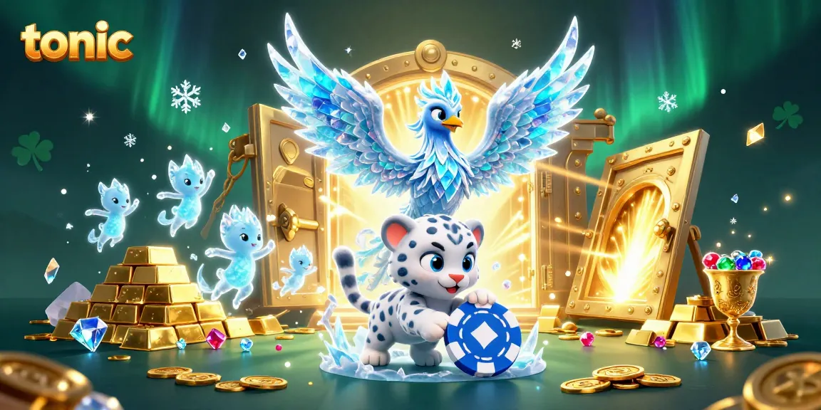 Tonic gaming illustration featuring an ice phoenix, poker chip play, and treasures, enhancing casino excitement.