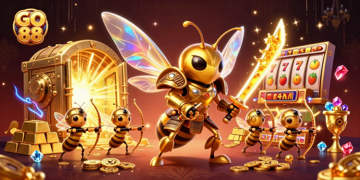 Experience thrilling gameplay at GO 88 with a dynamic casino scene featuring vibrant characters and stunning treasures.