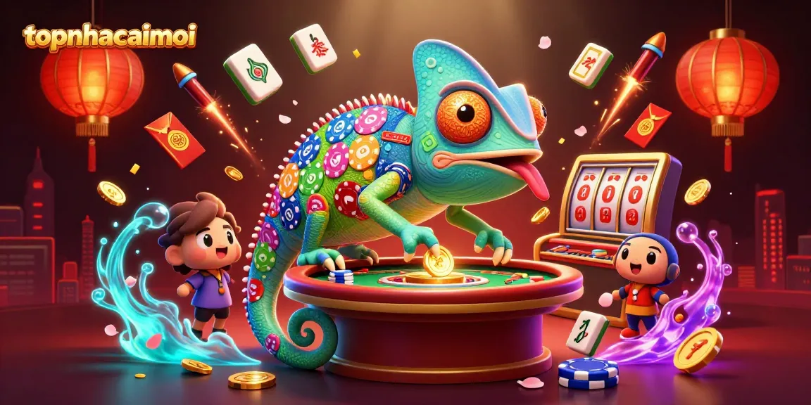 topnhacaimoi chameleon casino owner gathers golden coins and slot elements in vibrant casino scene