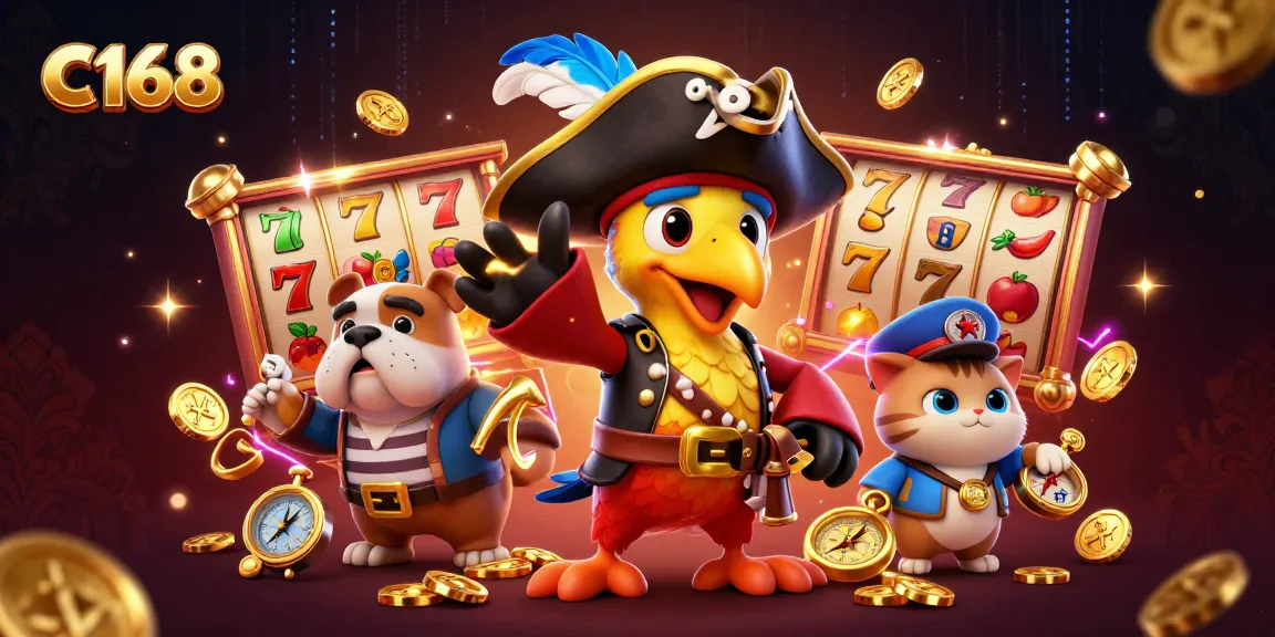 C168 showcases a vibrant 3D casino scene featuring a pirate captain, bulldog, and cat navigating slot games.