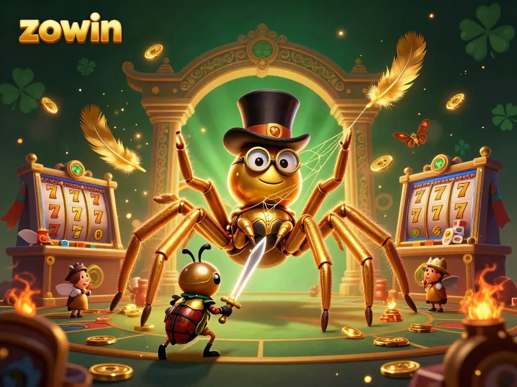 Zowin's vibrant casino adventure with a golden tarantula, beetle knight, and vibrant slot game elements.