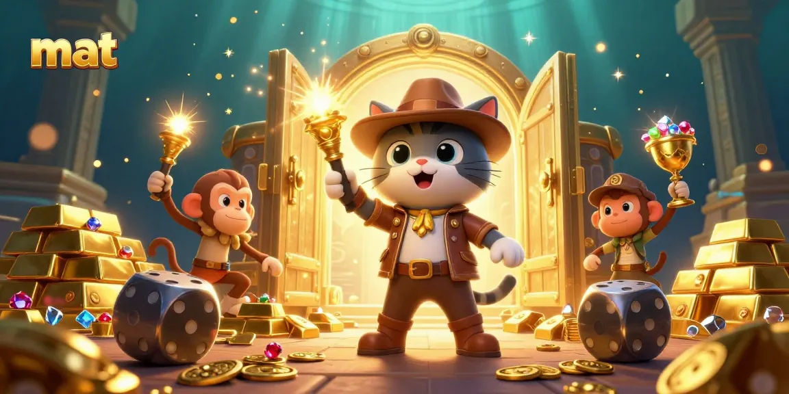 Join the 3D explorer cat at a vibrant casino treasure discovery in a dynamic scene.