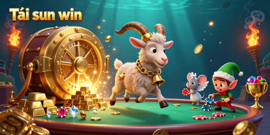 Join the festive fun with a Krampus goat in a vibrant casino scene while playing Tải sun win.