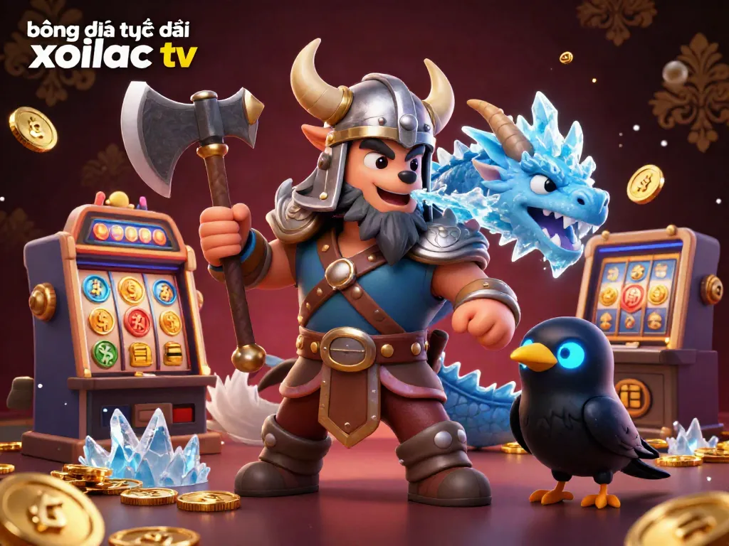 Experience the thrill of bóng đá trực tuyến xoilac tv with this exciting 3D illustration of a Viking wolf warrior, dragon, and raven in a gambling scene.
