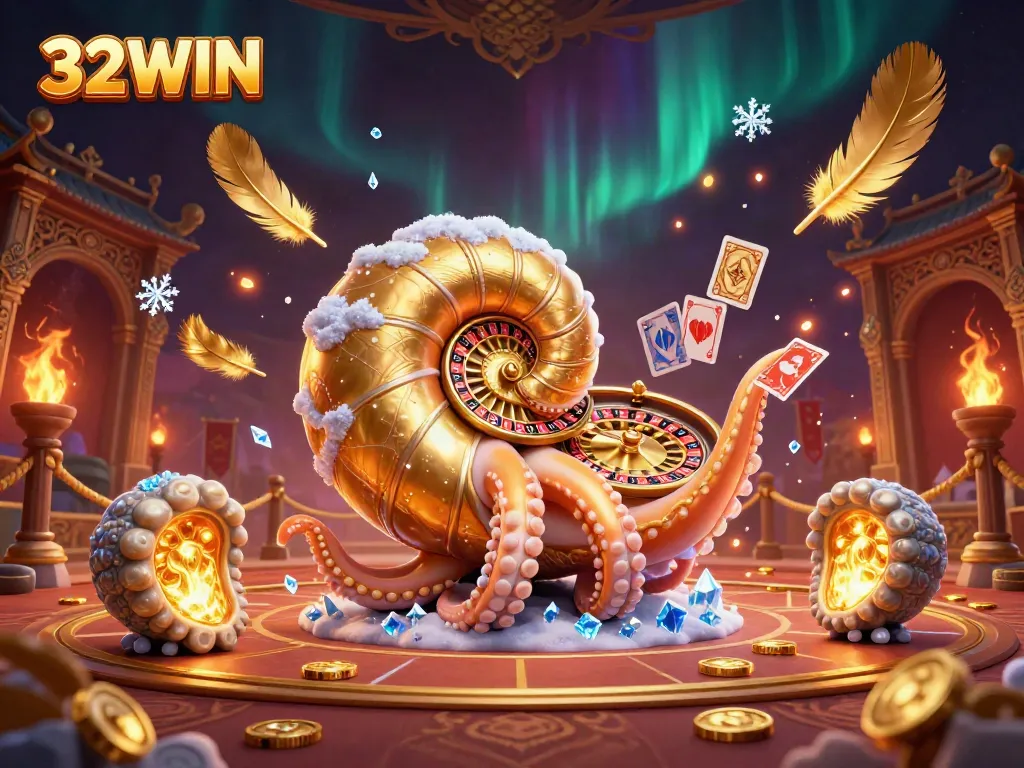 Experience the vibrant energy of 32WIN with a dynamic casino scene featuring a giant nautilus roulette.