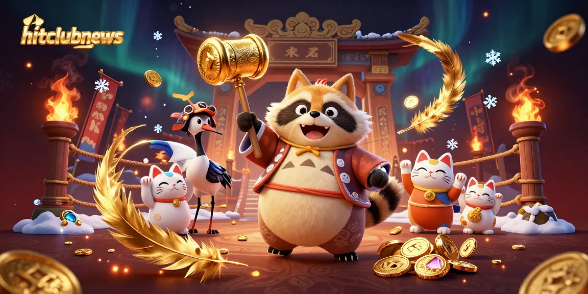 Engage with hitclubnews as the cheerful tanuki celebrates with a lucky mallet in a dynamic casino scene.