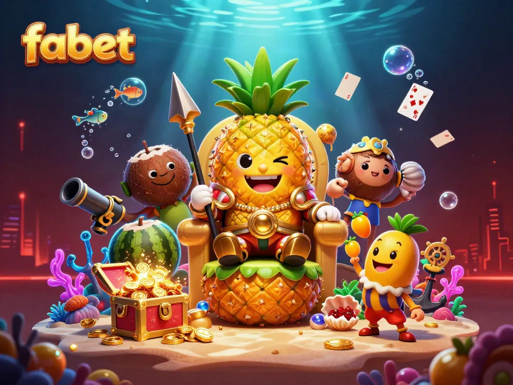 Experience fabet's vibrant beach casino atmosphere with a playful pineapple king and exciting game elements.