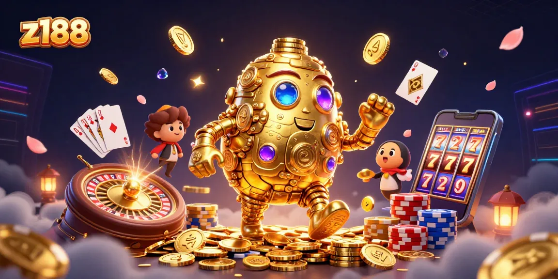 Experience thrilling wins at z188 with our golden golem surrounded by casino elements and vibrant action.