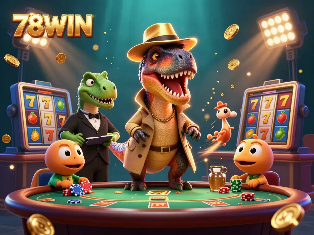 Experience thrilling gameplay with 78WIN as a velociraptor card counter at a blackjack table surrounded by dynamic casino elements.