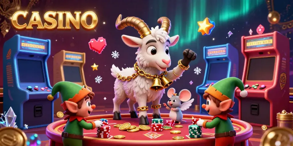Experience a vibrant casino scene where a Krampus goat oversees mischief, highlighting the fun of gambling.