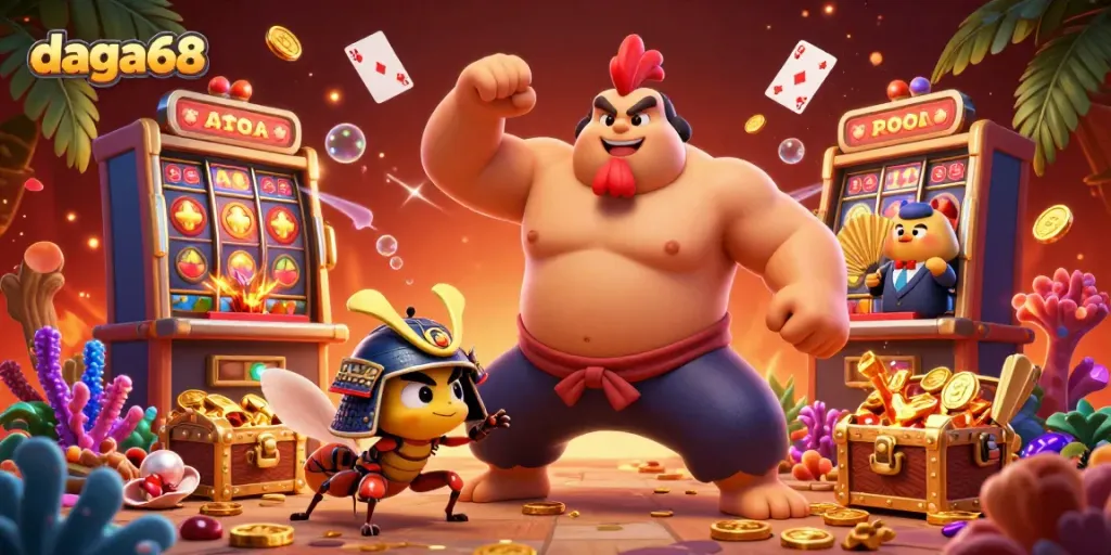 Daga68 shows a powerful sumo wrestler rooster amidst dynamic casino elements, illustrating exciting gambling action.