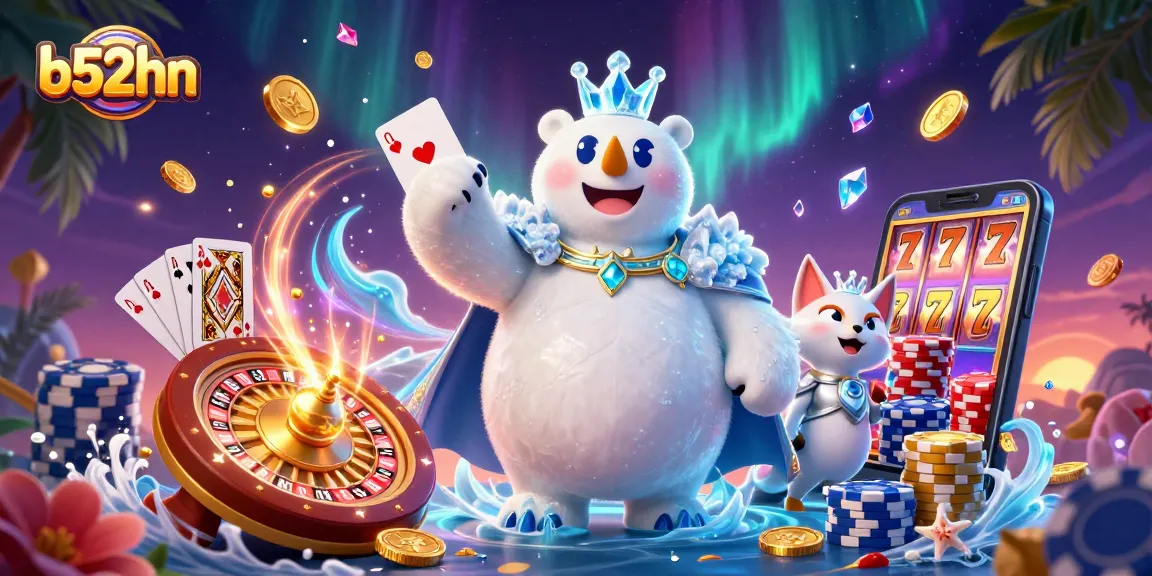 Experience the thrill of gambling with b52hn, showcasing the majestic ice king and snow fox amidst vibrant casino energy.