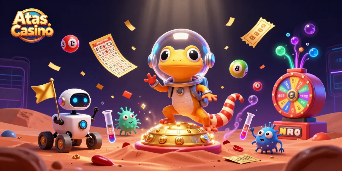 Experience the adventure at Atas Casino with a Martian gecko in a golden casino landscape!
