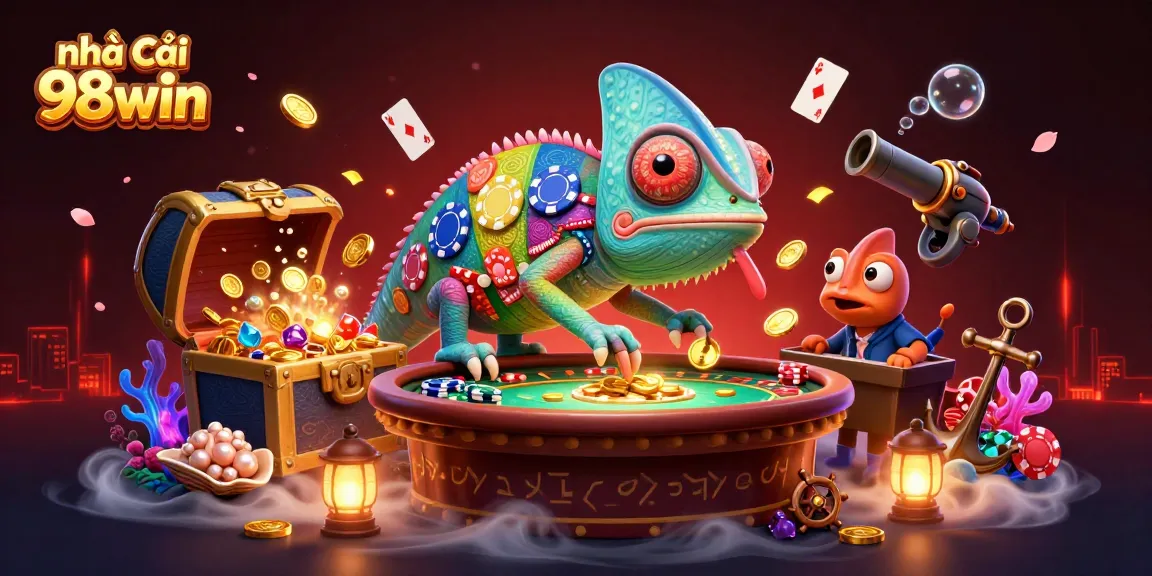 Experience the excitement at nhà cái 98win with an engaging chameleon casino owner and vibrant game elements.