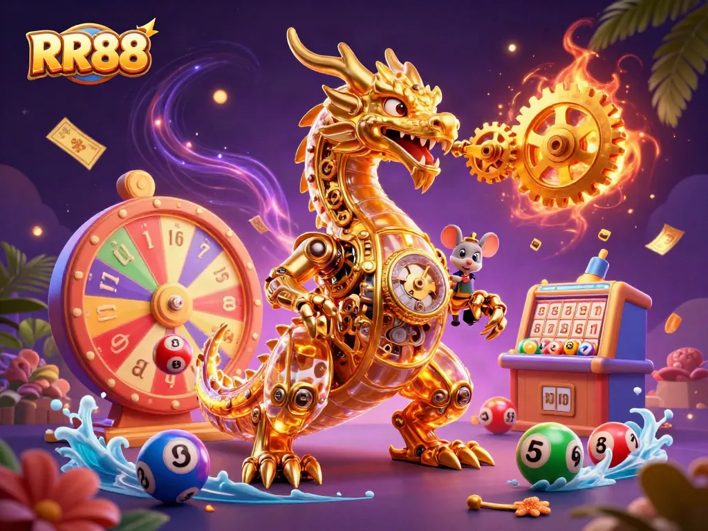 RR88 showcases thrilling actions from a golden dragon amidst vibrant casino elements.