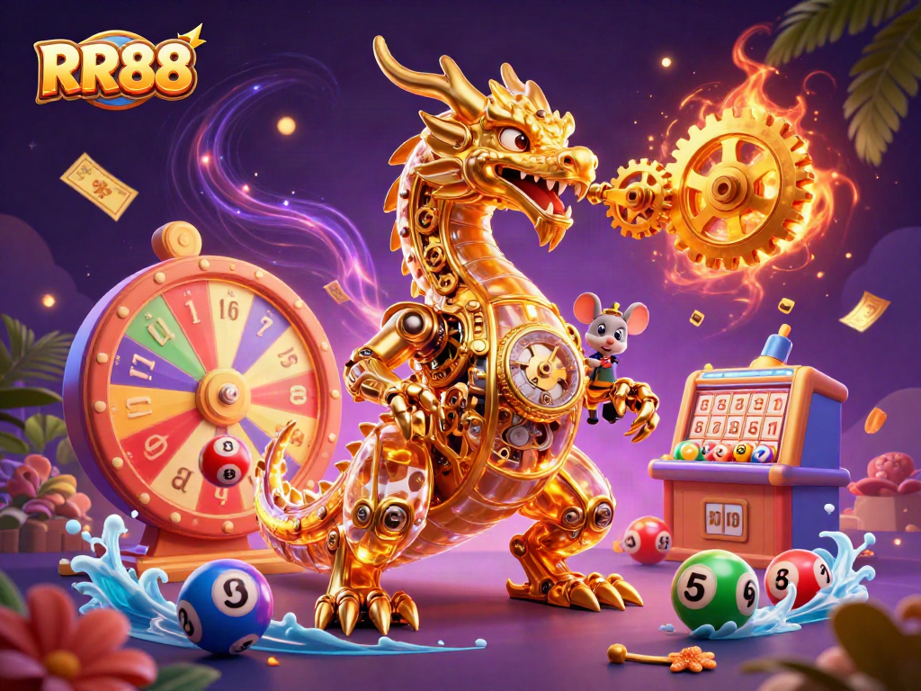 RR88 showcases thrilling actions from a golden dragon amidst vibrant casino elements.