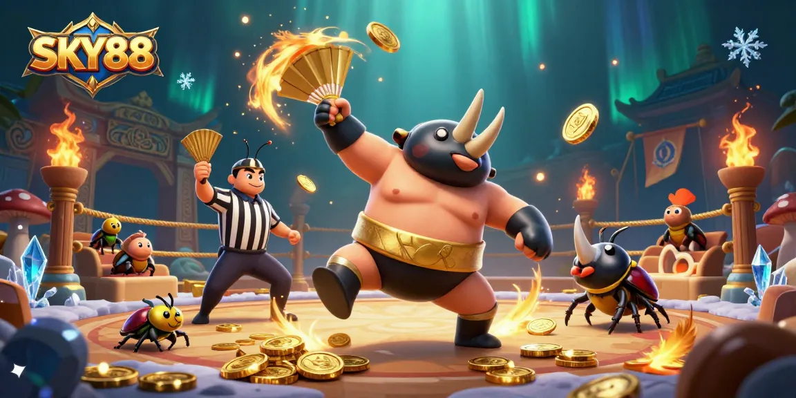 Engage with the thrilling atmosphere of SKY88, featuring a sumo champion beetle amidst flying coins in an exciting arena.