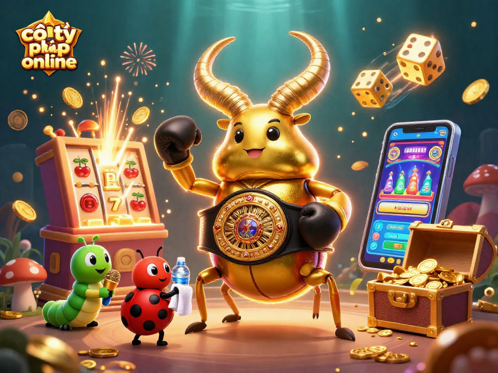 Engage with cờ tỷ phú online: a vibrant 3D illustration of a golden stag beetle in a boxing champion belt amidst dynamic casino elements.