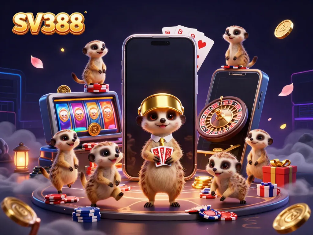 SV388 casino fun with meerkats running a gaming operation, vibrant illustration.