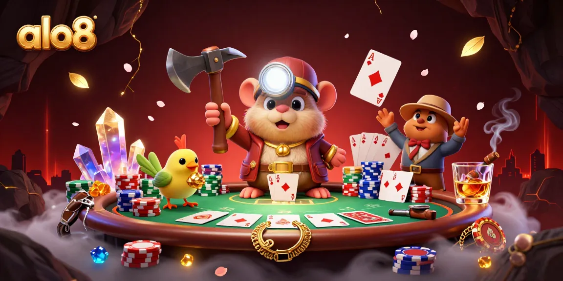 Play at alo8 with a 3D treasure hunter mole and canary mining amidst casino elements.
