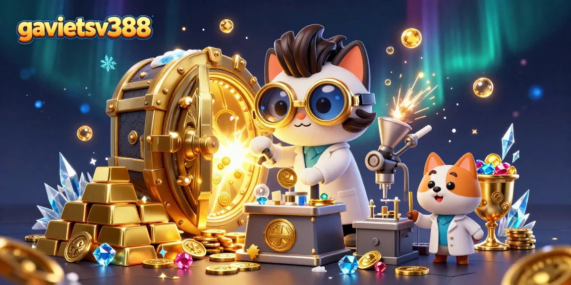 Experience the thrilling excitement at gavietsv388 as the mad scientist cat creates a gold-coin-replication machine amidst dazzling casino elements.