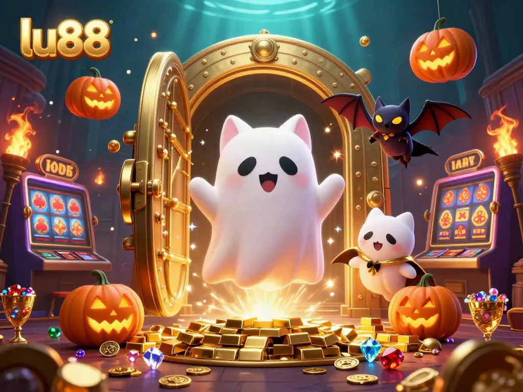 Engage with lu88's vibrant gaming atmosphere featuring a ghost cat and treasures in a stunning casino scene.