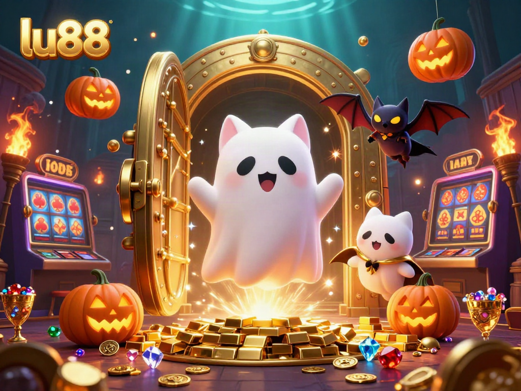 Engage with lu88's vibrant gaming atmosphere featuring a ghost cat and treasures in a stunning casino scene.