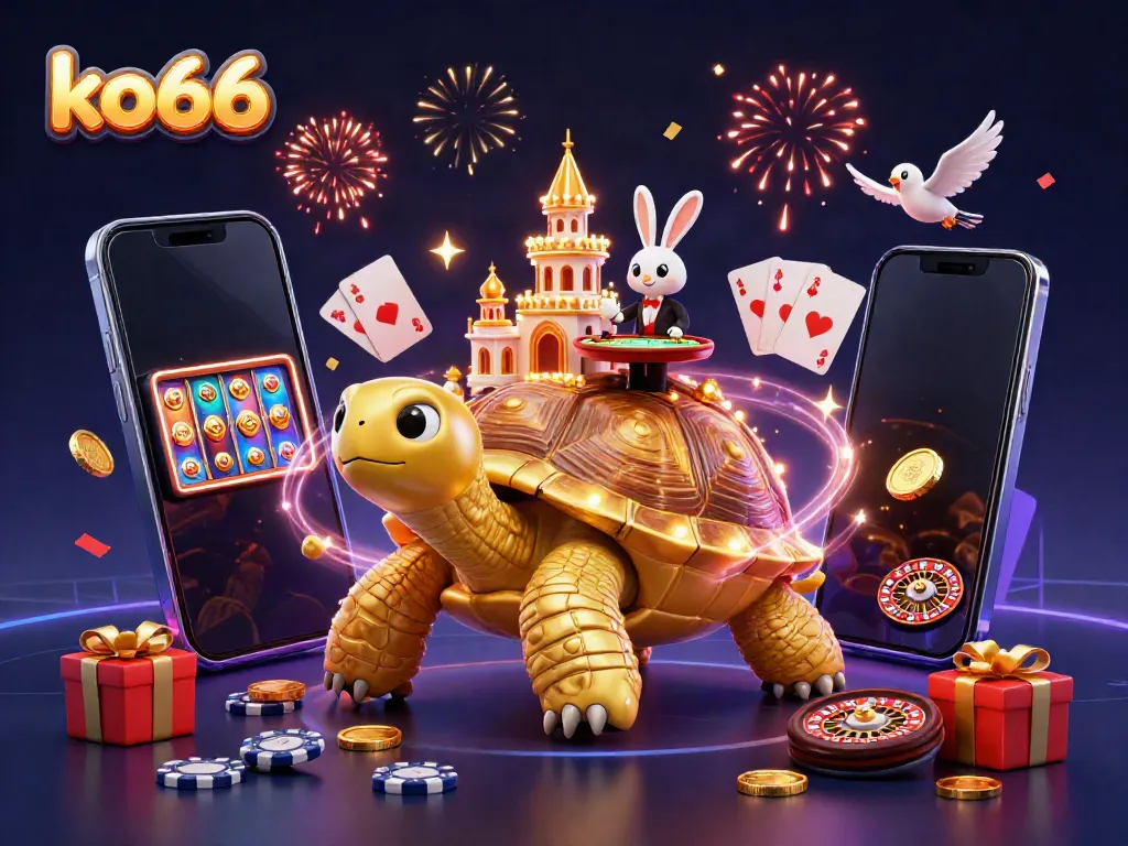Engage with ko66 by exploring a vibrant 3D casino scene with a golden tortoise and a rabbit dealer.