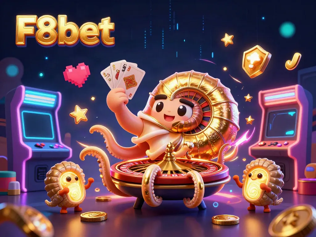 Engage in thrilling gameplay on F8bet with an exciting 3D casino scene filled with cards and arcade machines.