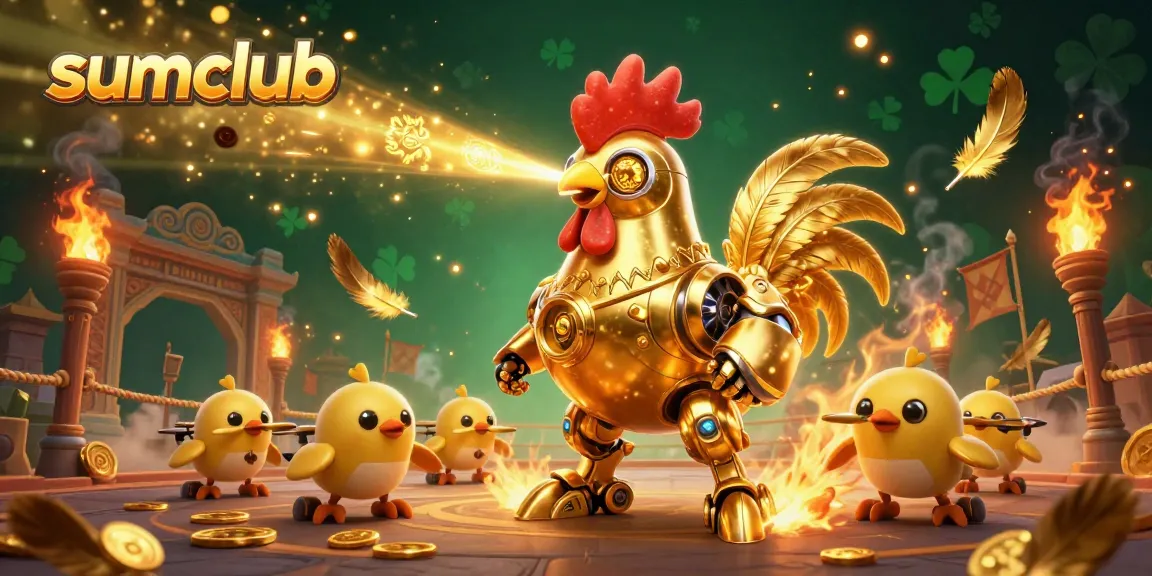 Experience thrilling gameplay at sumclub with a dynamic scene featuring golden rooster robots and baby chick drones.