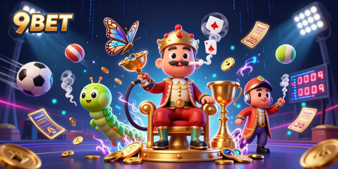 Experience the excitement of 9BET with a vibrant 3D illustration of a hookah-master and sports elements.